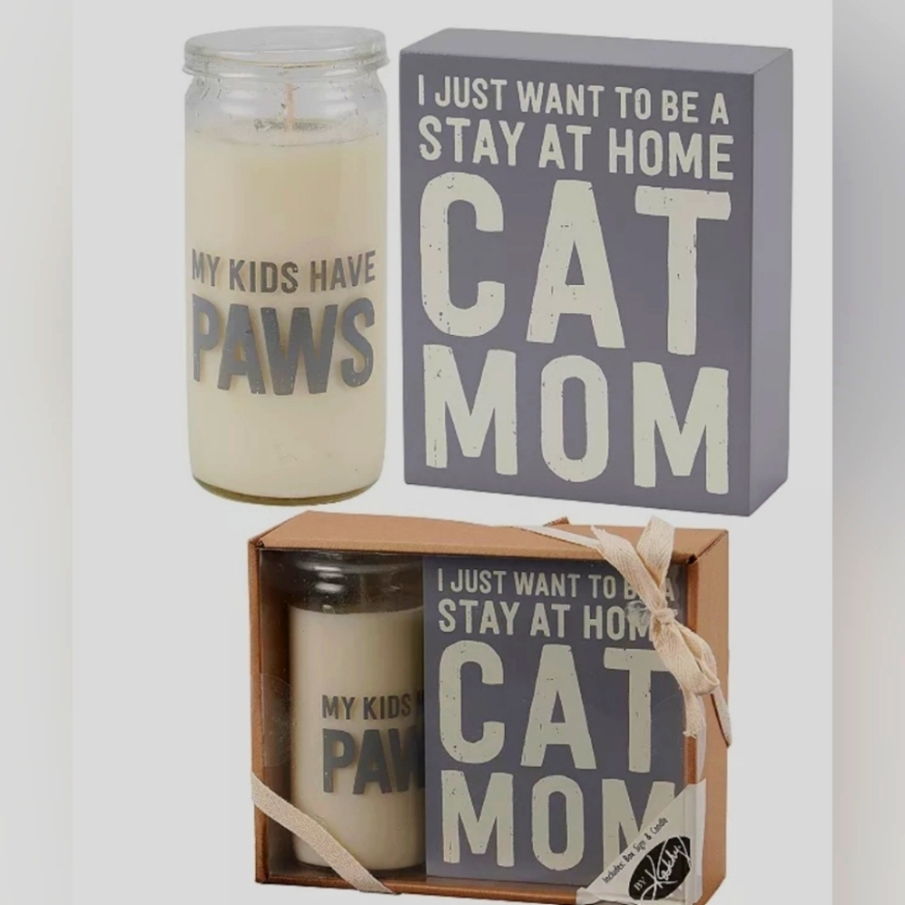 By Kathy Stay At Home Cat Mom Box Sign Candle Set Nwt